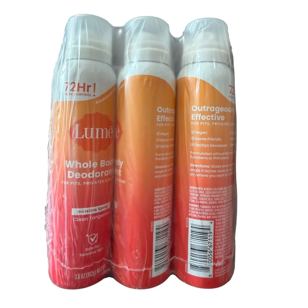 Lume Whole Body Deodorant Invisible Spray Clean Tangerine 3.6oz 3‎ Pack New